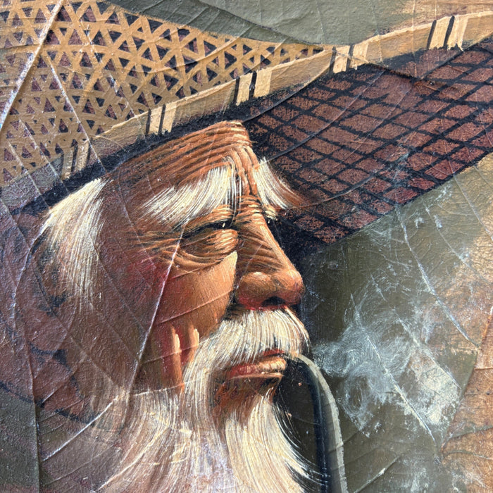 Vintage Original Oil Painting Tobacco Leaf Old Man Smoking Pipe Signed Gris Art