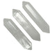 Three clear quartz doubleterminated crystals on a white background