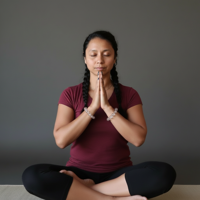 Woman in a maroon shirt and black pants sitting in a yoga pose with hands pressed together against a gray background