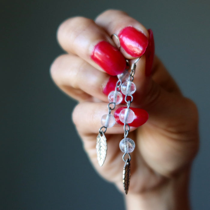 Clear Quartz Earrings Silver Leaf Magic Crystal Healing Dangle
