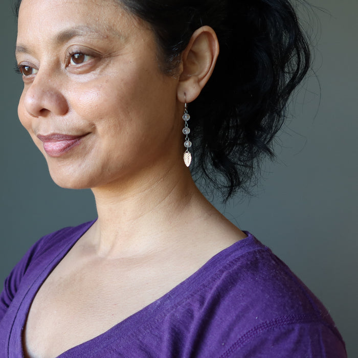 Clear Quartz Earrings Silver Leaf Magic Crystal Healing Dangle