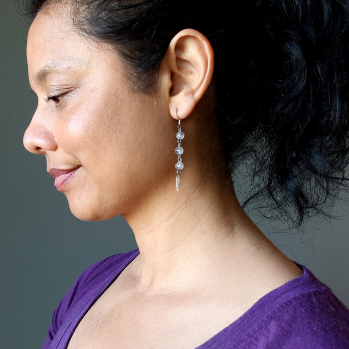 Clear Quartz Earrings Silver Leaf Magic Crystal Healing Dangle