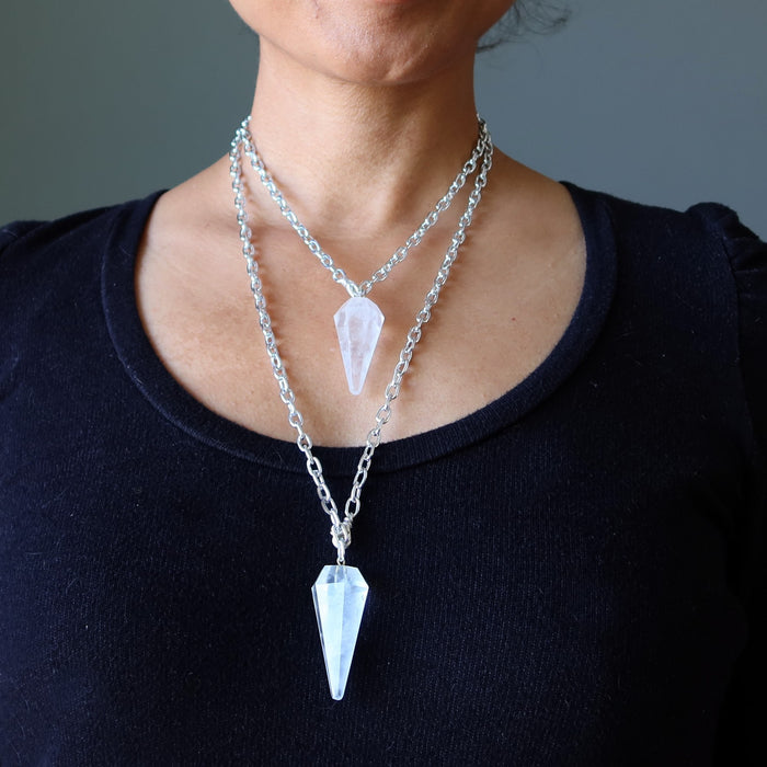 2 clear quartz pendulum necklaces in different lengths