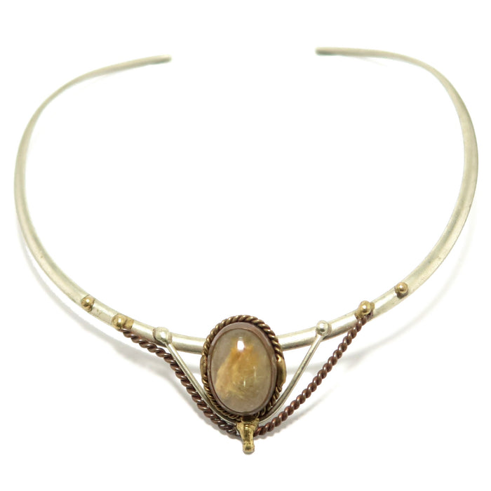 Rutilated Quartz Necklace with a central stone and braided design
