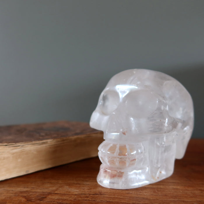 Clear Quartz Skull Carved Iron Crystal 4.25" Showpiece