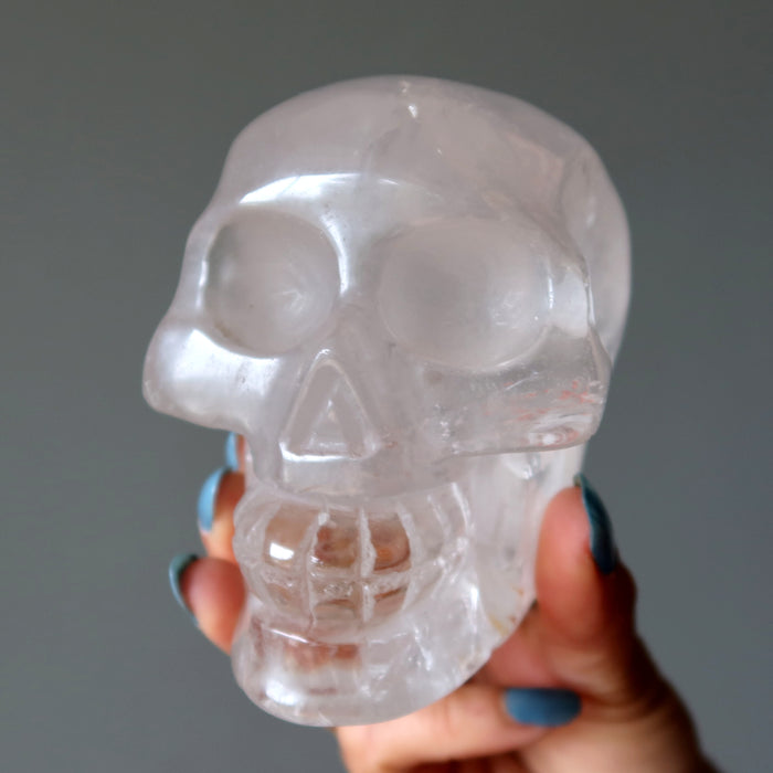 Clear Quartz Skull Carved Iron Crystal 4.25" Showpiece