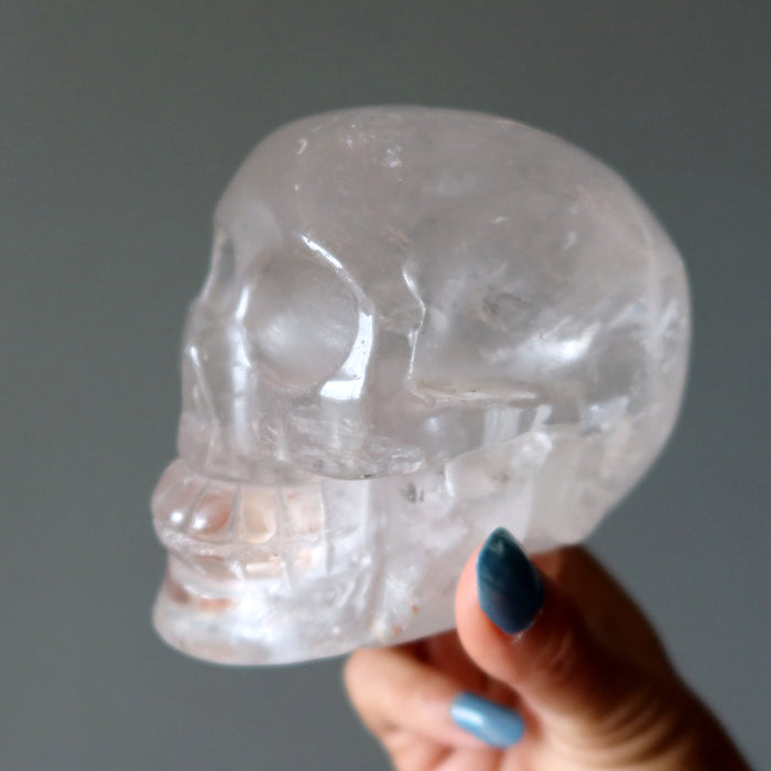 Clear Quartz Skull Carved Iron Crystal 4.25" Showpiece