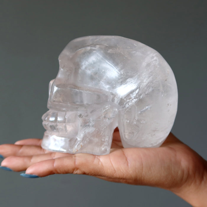 Clear Quartz Skull Carved Iron Crystal 4.25" Showpiece