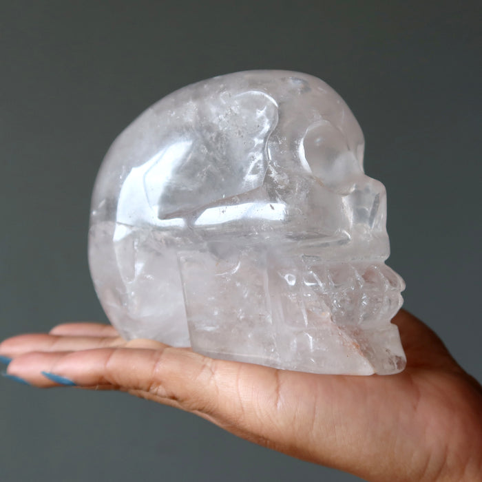 Clear Quartz Skull Carved Iron Crystal 4.25" Showpiece