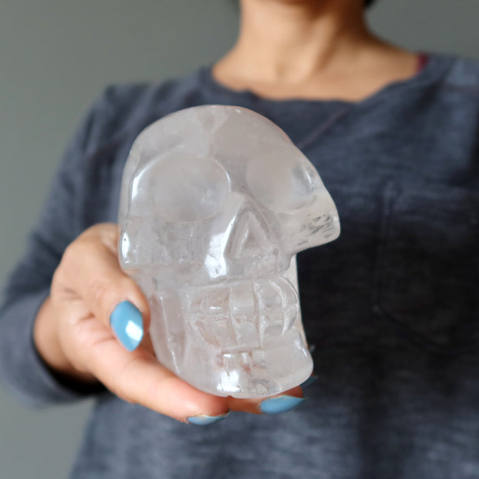 Clear Quartz Skull Carved Iron Crystal 4.25" Showpiece