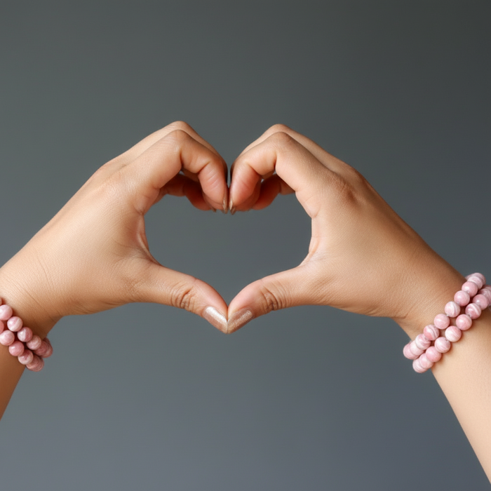 Two hands making a heart shape with pink beaded bracelets on a gray background