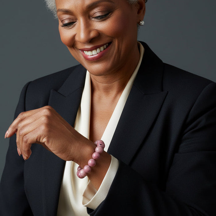 rhodonite bracelet on wrist