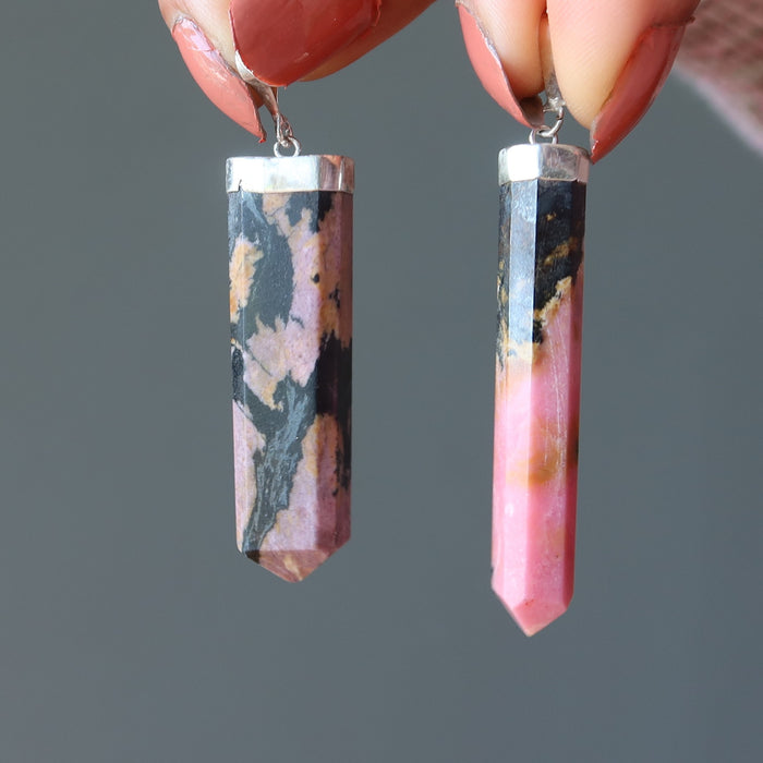 two rhodonite point pendants
