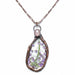 Teardrop-shaped pendant with pressed flowers and a rose quartz stone on a white background