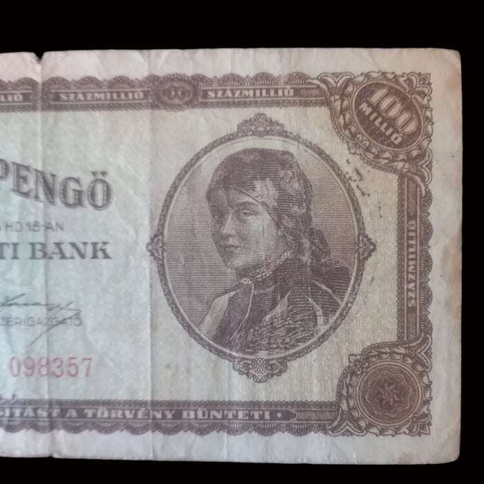 Vintage Banknote 1946 Hungary Százmillió Pengő & Milpengő 100 Trillion Hyperinflation Bills