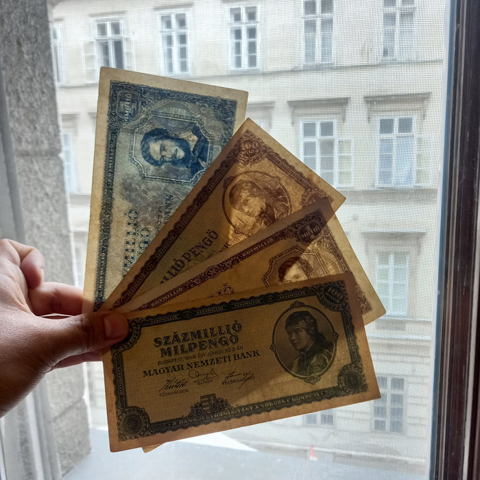 Vintage Banknote 1945-46 Hungary Pengő Milpengő 4pc Set 100 Trillion WWII Hyperinflation Money