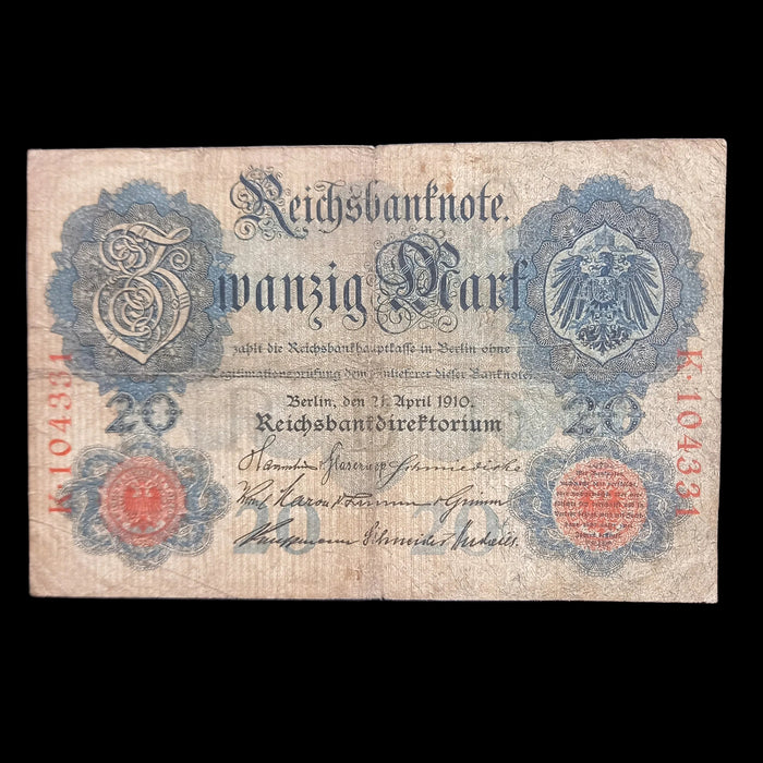 1910 Germany 20 Mark Reichsbanknote Antique Banknote Rare 6-Digit Serial Variety