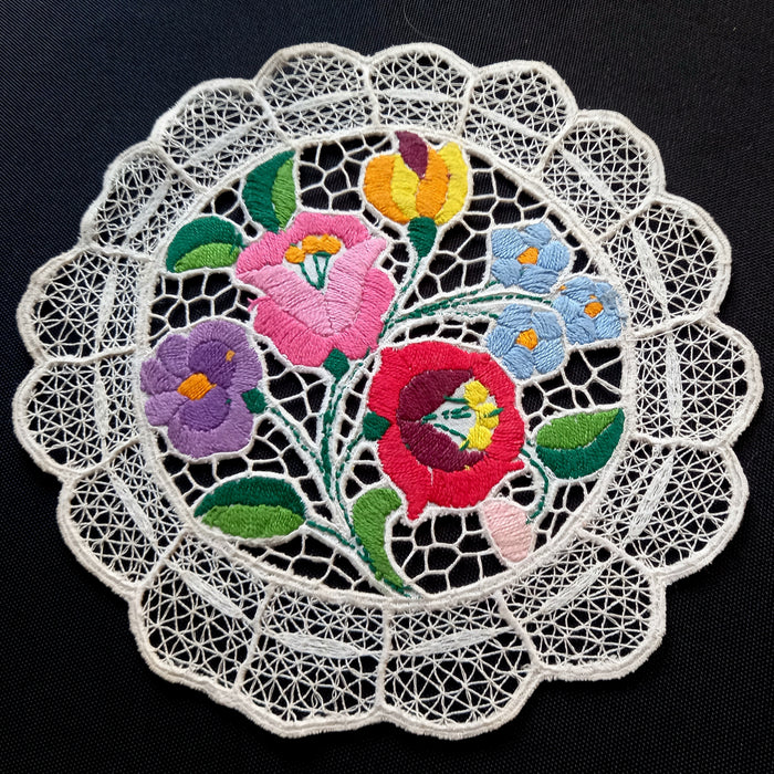 Vintage Hungarian Kalocsa Pair of Doilies Round Lacy Floral Richelieu 1980s