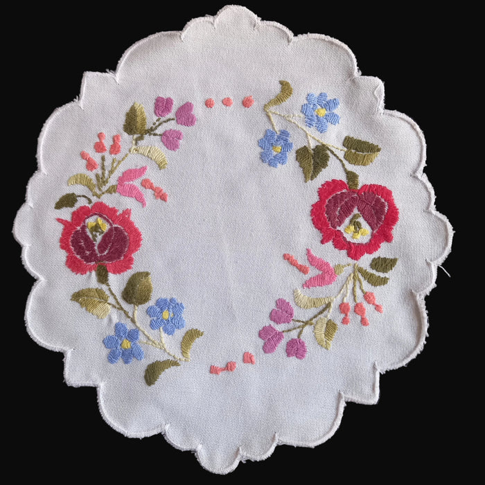 back side of a hungarian kalocsa flower doily showing the threads and hand-stitched features
