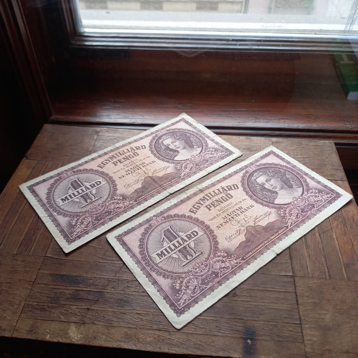 1946 Hungary Banknote Billion Pengo Pair Neoclassic Lady Portrait Money Europe