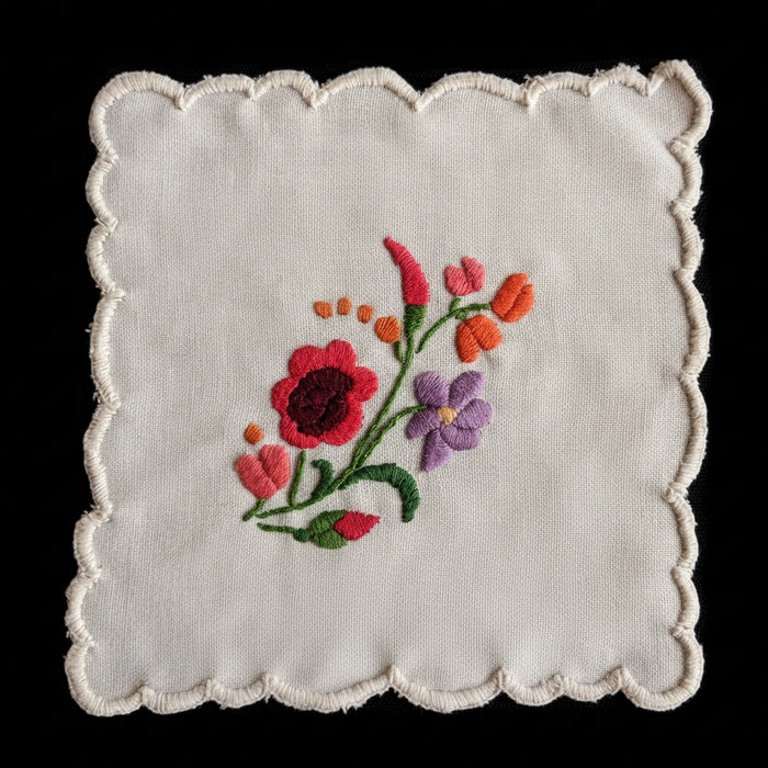 Hungarian Kalocsa Embroidered floral design on a white fabric square with scalloped edge.