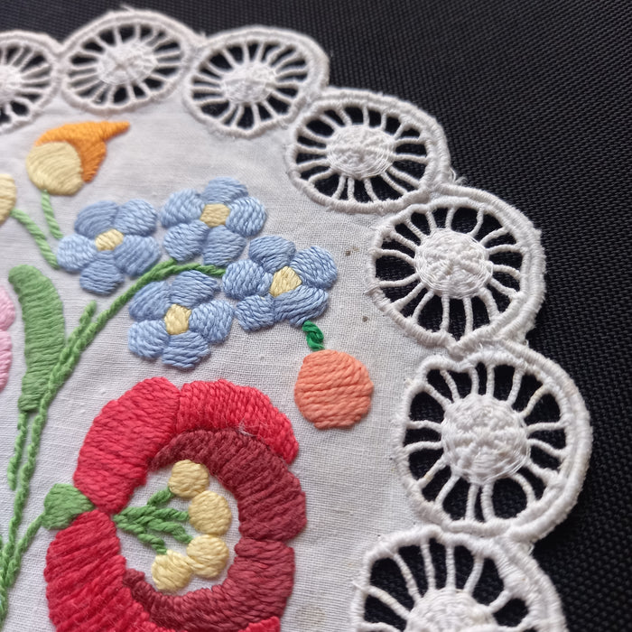 Vintage Hungarian Kalocsa Doily Flower Embroidery Richelieu Handmade Art 1970s