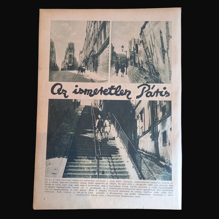 Vintage Hungarian a pesti hirlap vasarnapja newspaper with black and white photos of city PAris street and text.