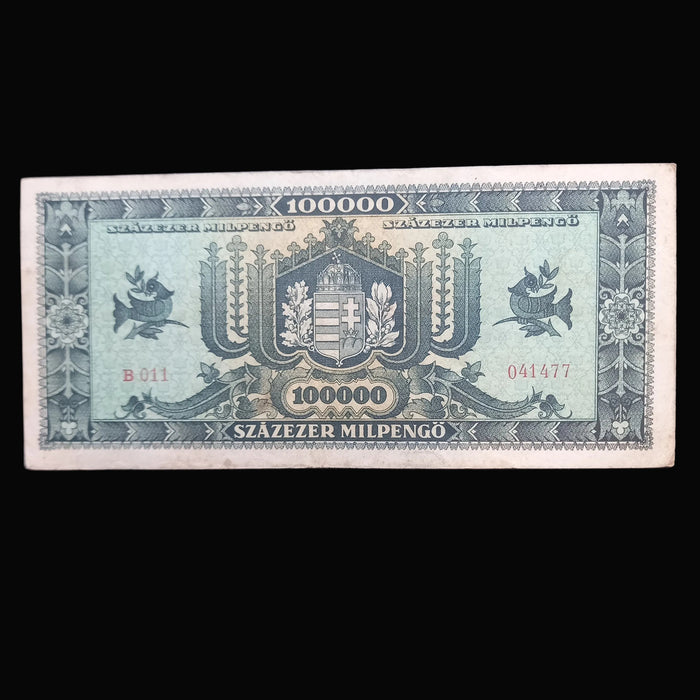 1946 Hungary Banknote 100K Milpengo 100 Billion Pengo Woman & Coat of Arms