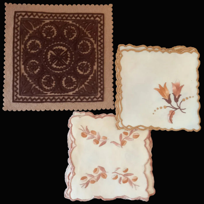 Vintage Hungarian Folk Art 15pc Set Rustic Doilies & Felt Mat Hand Embroidered Decor 1970s