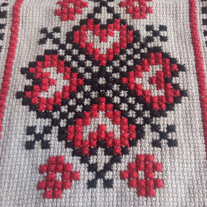 Vintage Hungarian Folk Art Table Runner Red Heart Cross-Stitch Table Runner 1950-60s