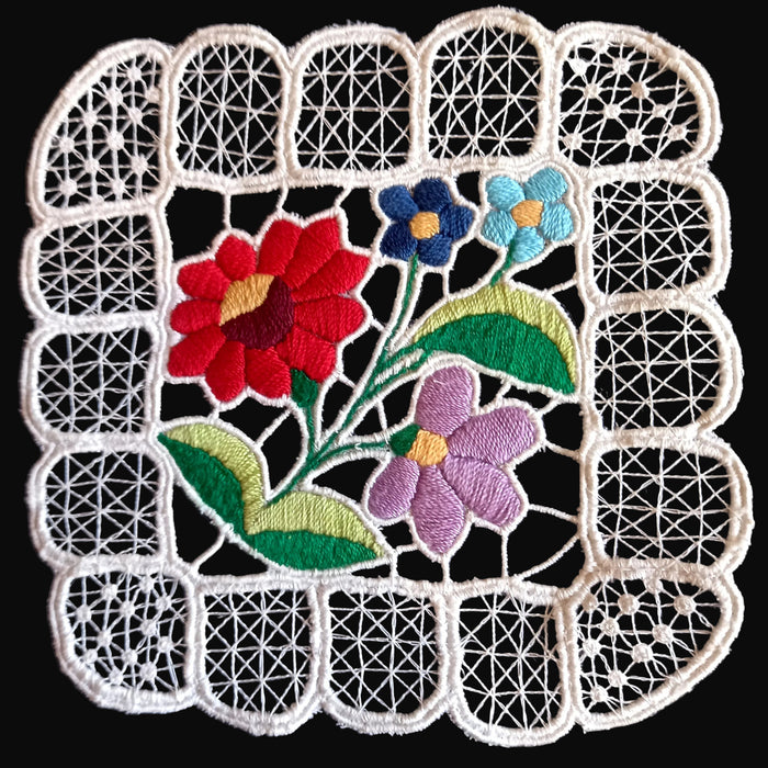 Vintage Hungarian Kalocsa Doilies 2 Hand-Embroidered Richelieu Square Set 1970-80s
