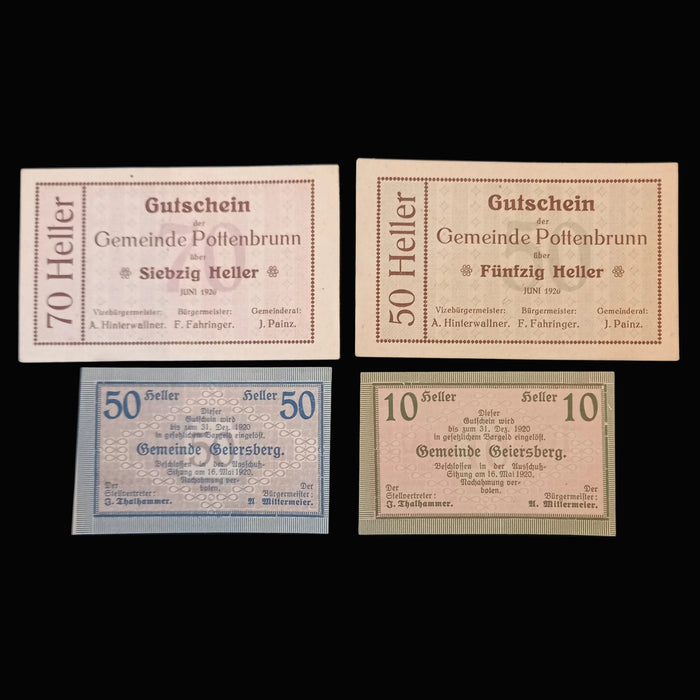 Antique Banknote Notgeld 1920 Austria Heller Voucher Set Geiersberg Pottenbrunn WWI