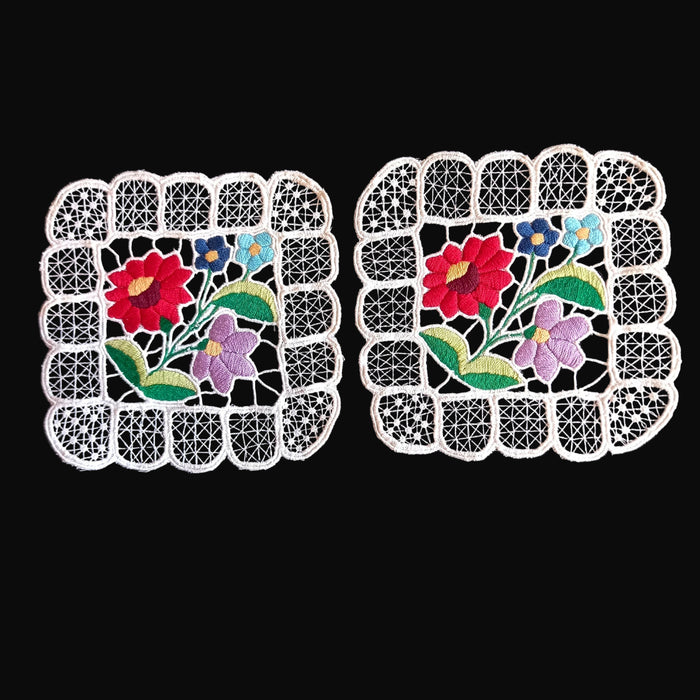Vintage Hungarian Kalocsa Doilies 2 Hand-Embroidered Richelieu Square Set 1970-80s