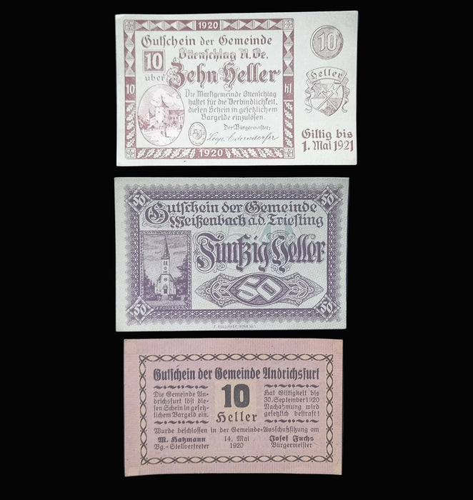 Antique Banknote Notgeld 1920 Austria Alpine Town Church 9pc Set Emergency Money Excellent