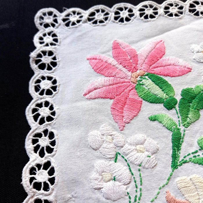 Vintage Hungarian Kalocsa Doily Hand Embroidered Pastel Floral Square 1970s