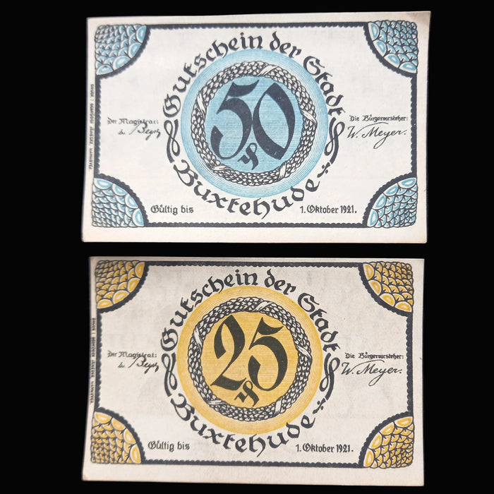 Antique Banknote 1921 Germany Buxtehude Notgeld Set 25 & 50 Pfennig Emergency Notes