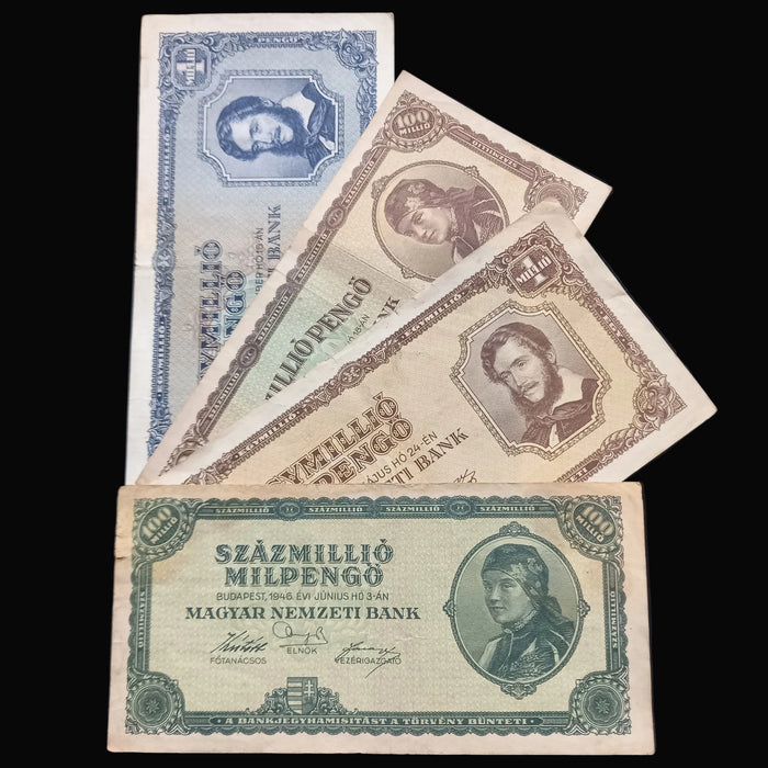 Vintage Banknote 1945-46 Hungary Pengő Milpengő 4pc Set 100 Trillion WWII Hyperinflation Money