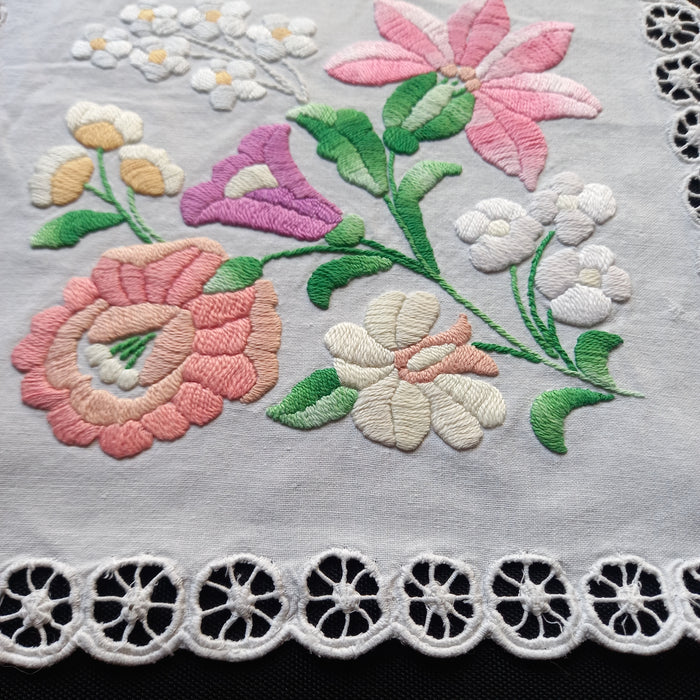 Vintage Hungarian Kalocsa Doily Hand Embroidered Pastel Floral Square 1970s
