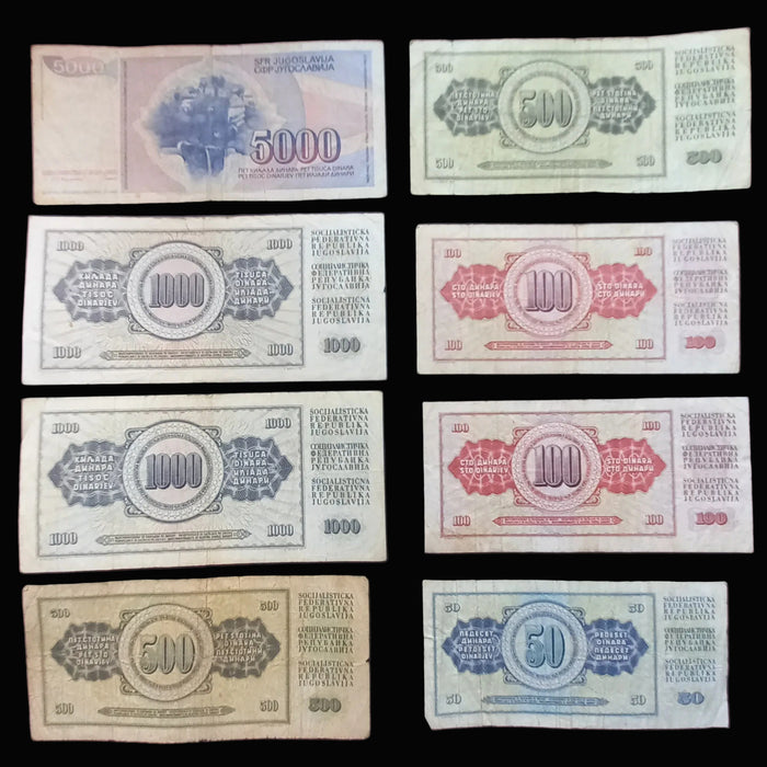 Vintage Banknote 1978-86 Yugoslavia Dinar 50 100 500 1K 5K Tito Socialist Currency 8pc Set