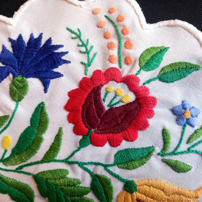 Vintage Hungarian Kalocsa Doily Exquisite Flower Hand Embroidary Cottage Textile 1970s