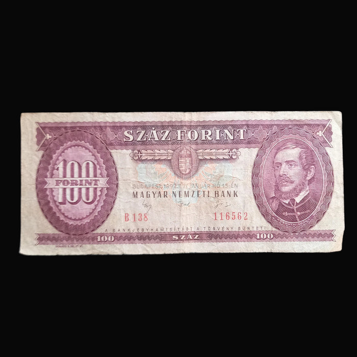 1992 Hungary Banknote 100 Forint Bill Horse Art Collectible History Kossuth Lajos VF