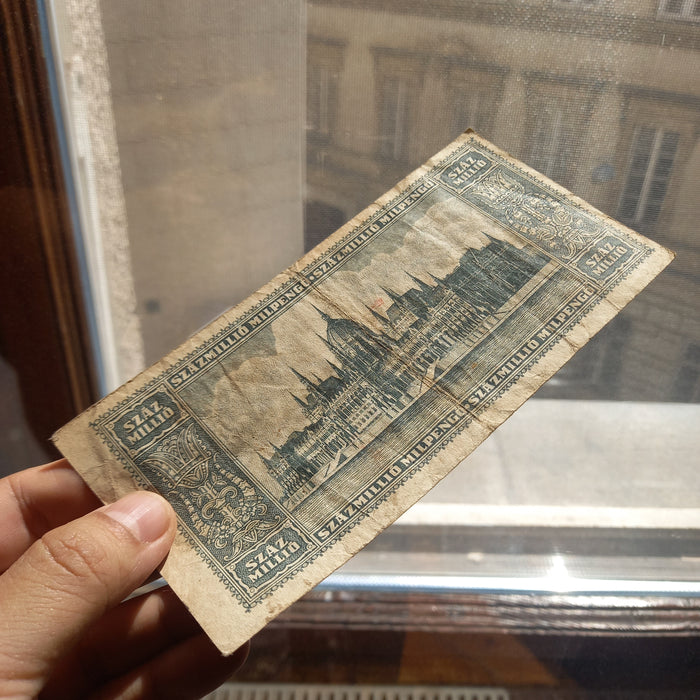 Vintage Banknote 1946 Hungary Százmillió Milpengő 100 Million 100000000000000 Pengő VF