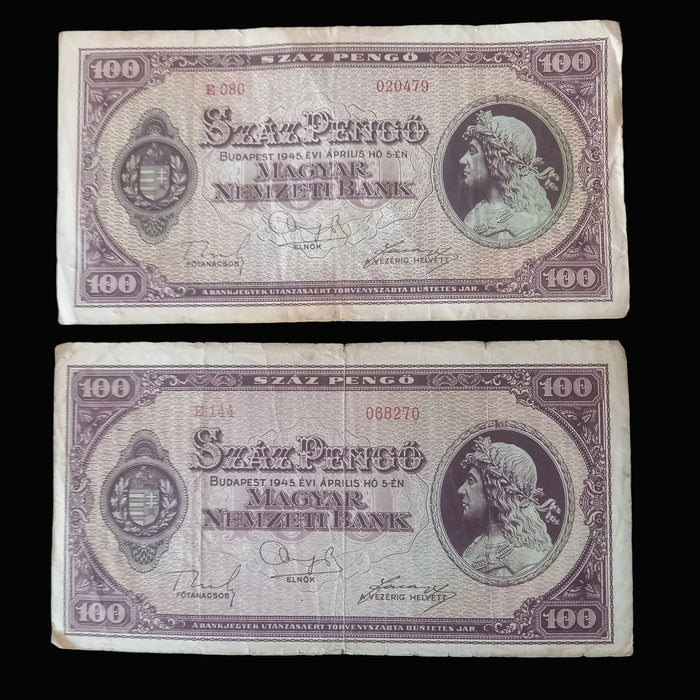 Vintage Banknote 1945 Hungary 100 Száz Pengő E-Series Pair King Matthias WWII Paper Money