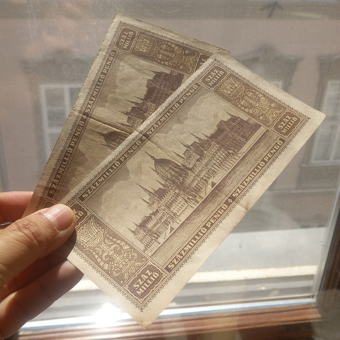 Vintage Banknote 1946 Hungary 100M Százmillió Pengő Pair Palóc Girl Portrait Hyperinflation Currency