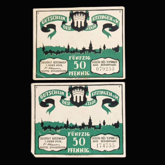 Antique Banknote 1921 Germany Kitzingen 50 Pfennig Notgeld Set Hyperinflation Money