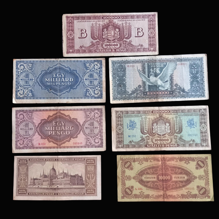 Vintage Banknote Set 1945-46 Hungary 100 Quadrillion Százezer B-Pengő Hyperinflation 7pc