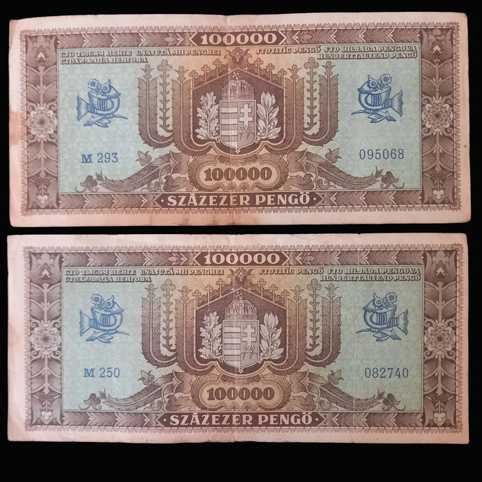 Vintage Banknote 1945 Hungary 100k Százezer Pengő Pair Matching M-Series WWII Currency