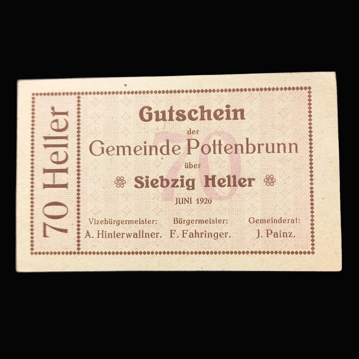 Antique Banknote 1920 Austria Pottenbrunn Notgeld Set 70 & 50 Heller Paper Money UNC
