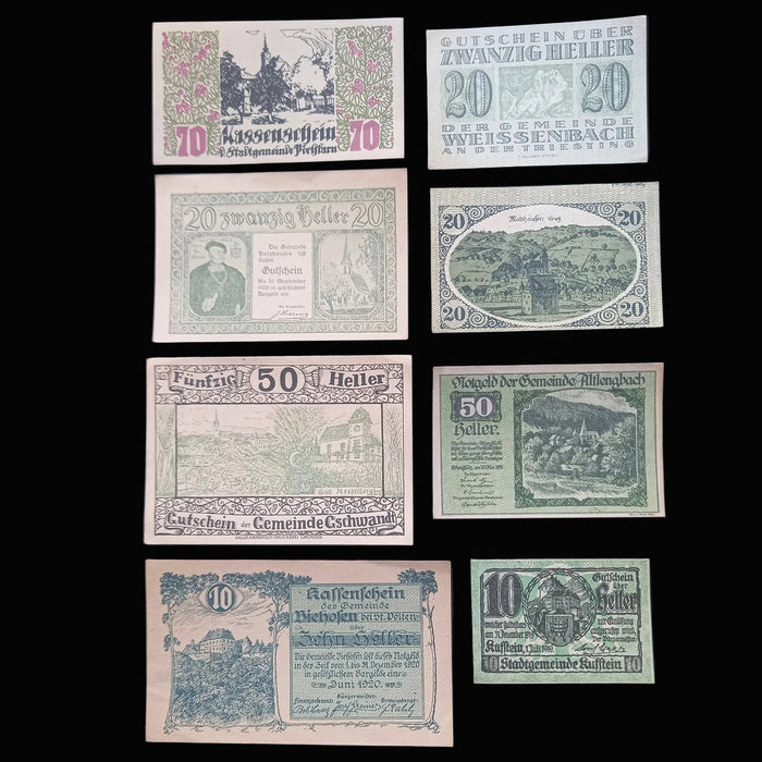 Antique Banknote Notgeld 1920 Austria Green Landscape 8pc Set Heller WWI Money Excellent