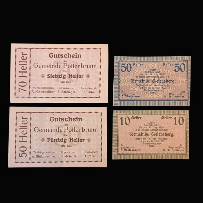 Antique Banknote Notgeld 1920 Austria Heller Voucher Set Geiersberg Pottenbrunn WWI